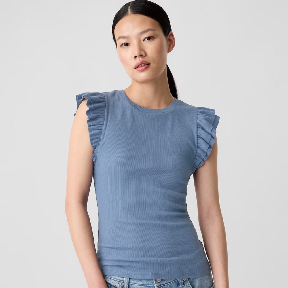 Bainbridge Blue. Soft ribbed knit, short flutter sleeves, and crewneck
